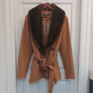 Bebe Camel Wool Trench Coat with Rich Brown Faux Fur Collar